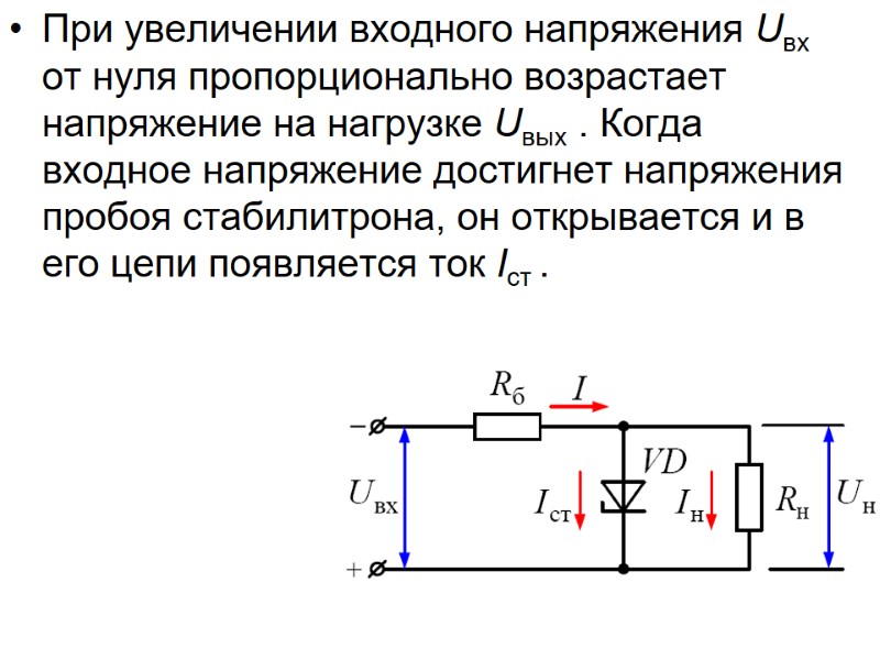 При увеличении входного напряжения Uвх от нуля пропорционально возрастает напряжение на нагрузке Uвых .